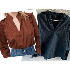 J Crew Ruffle V-neck popover Blouse Top Swiss clip dot Black size medium